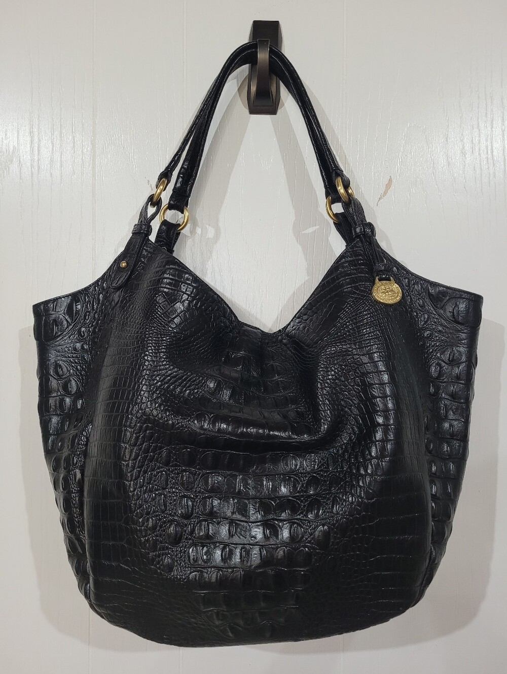 Brahmin Jacqueline Black Croco Embossed Leather Hobo Shoulder Tote Bag Large